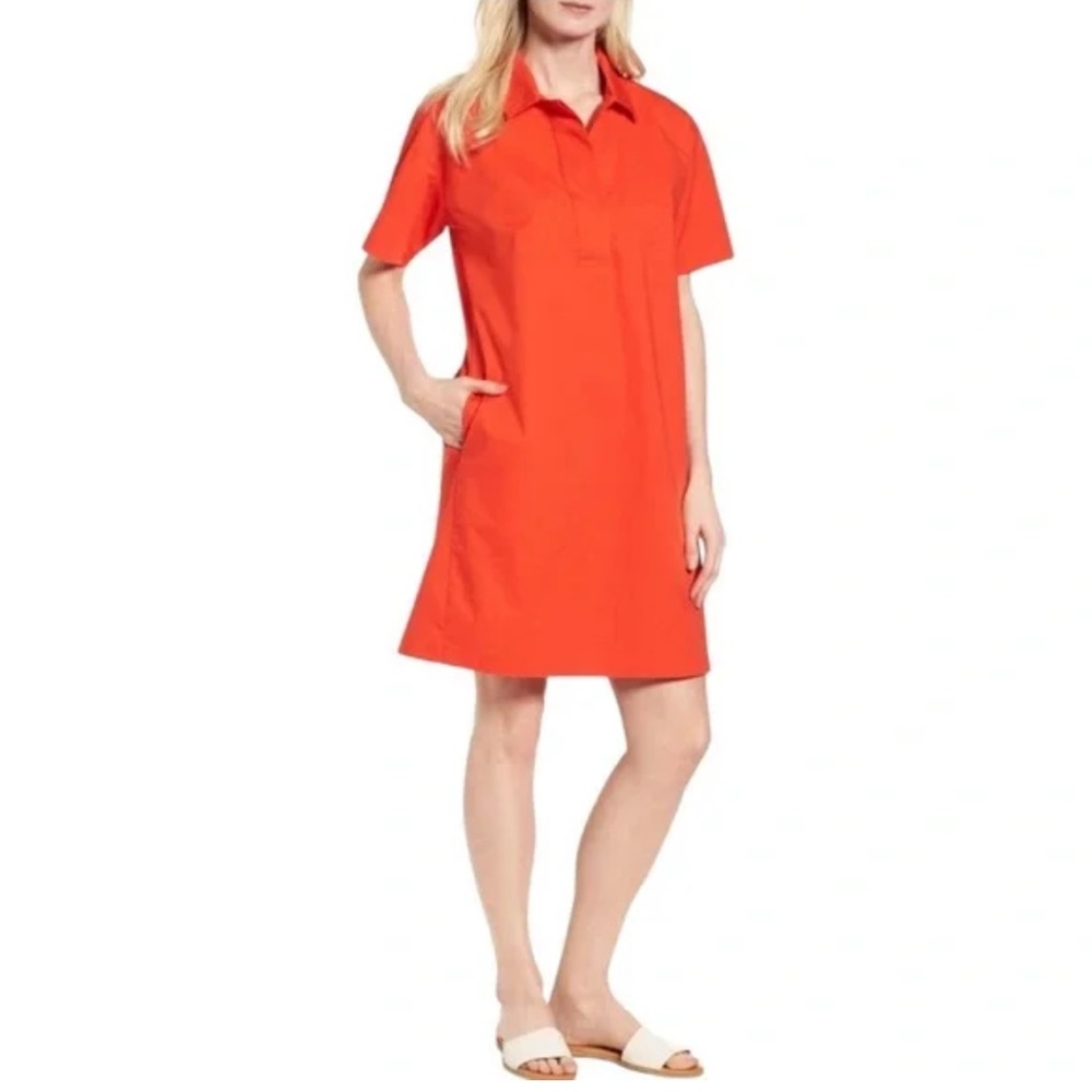Eileen Fisher Organic Cotton Poplin Split Neck Relaxed Shirt Dress Orange-Large